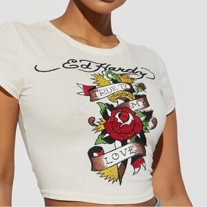 Ed Hardy Cream Graphic Crop Top Short Sleeve
